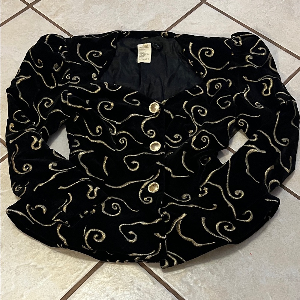 Vintage Black Velvet Jacket Blazer with Gold Swirl Design Women Made In Italy